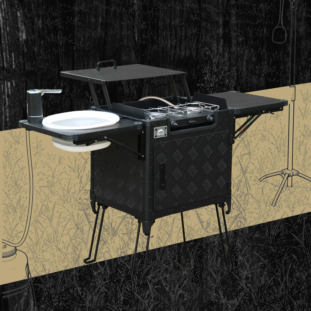 camping in box Wild Land Portable Aluminium Kitchen Garcia – Pete Grant MFPN=DMR-VAULT-O2 Color:Smoke Silver Mirror gas stove and basin
